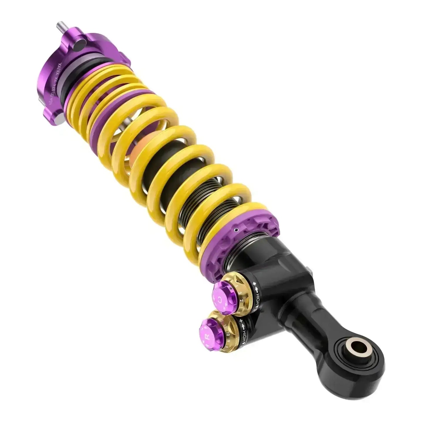 Hochwertiges Tuning-Gewindefahrwerk mit gelber Feder und violetten Elementen, KTH Shop