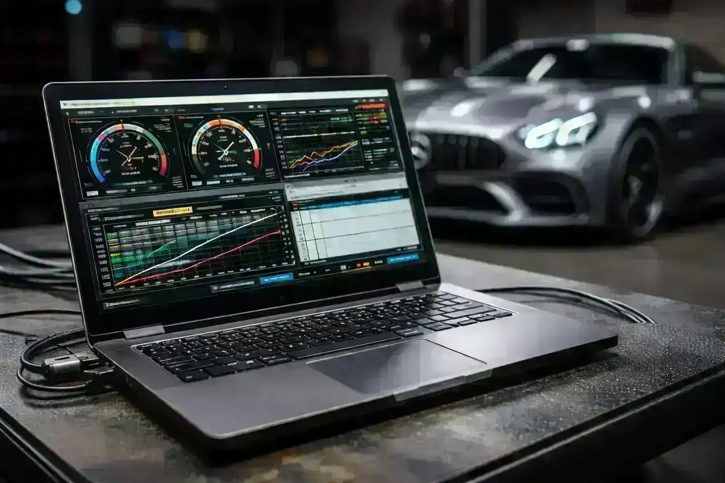 Laptop mit Tuning-Diagnosesoftware vor Sportwagen in Werkstatt, KTH Shop Tuning Zubehör