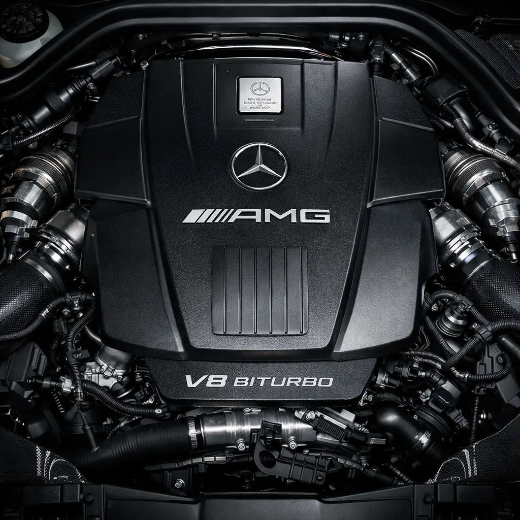 Mercedes-AMG 4.0-Liter-V8-Biturbo-Motor von oben – AMG-Motorabdeckung und Turbolader-Anordnung im Motorraum sichtbar