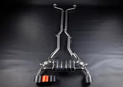 Nissan Z | Capristo - Abgasanlage mit Mittelschalldämpfer-Ersatzrohren, farbig eloxierte Endrohre in schwarz, rot, silber*, Carbon- oder Aluminium Außenhülse in Wicrom Black und EVCU-1.