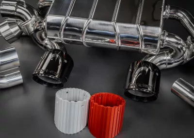 991.2 Carrera GTS | Capristo - Rear silencer for use with OEM cats/Capristo sports cats, anodized aluminium tailpipes (black, red, silver*) and aluminium outer sleeve in wicrom black, incl. programmable valve controller CES-3