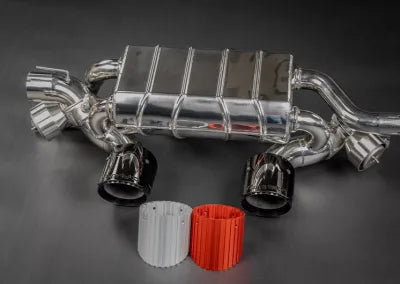 991.2 Carrera GTS | Capristo - Rear silencer for use with OEM cats/Capristo sports cats, anodized aluminium tailpipes (black, red, silver*) and aluminium outer sleeve in wicrom black, incl. programmable valve controller CES-3