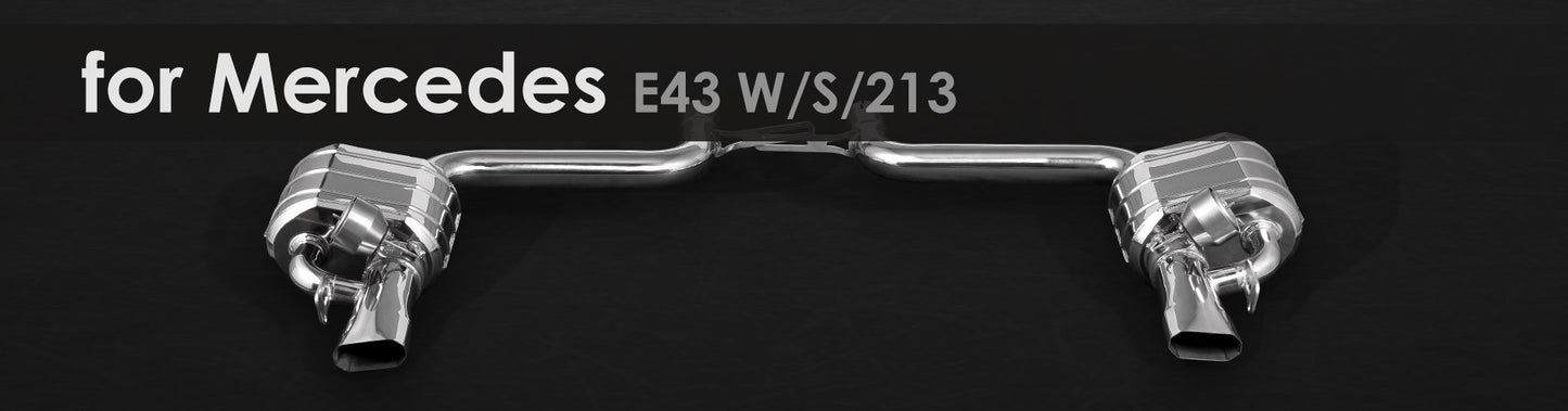 E43 W/S/213 | Capristo - Endschalldämpfer, Mittelschalldämpferersatzohren, Anschlussrohre, CES-3 ECE Genehmigung (für Limousine und Kombi)