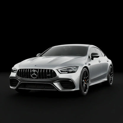 Silberner Mercedes AMG auf schwarzem Hintergrund, sportliches Design, Tuning KTH Shop