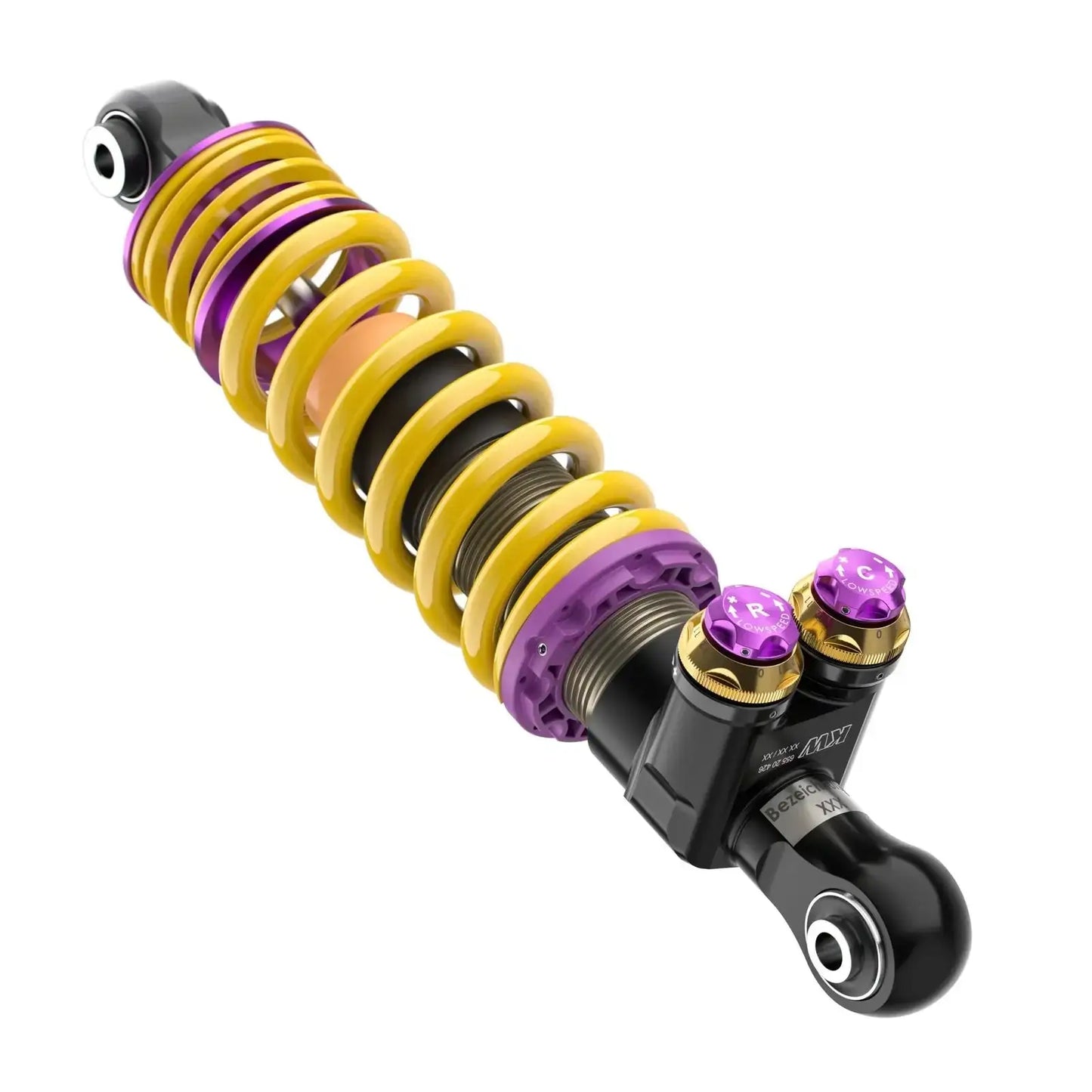 KW Gewindefahrwerk Stoßdämpfer mit gelber Feder und violetten Akzenten, KTH Shop Tuning Teil