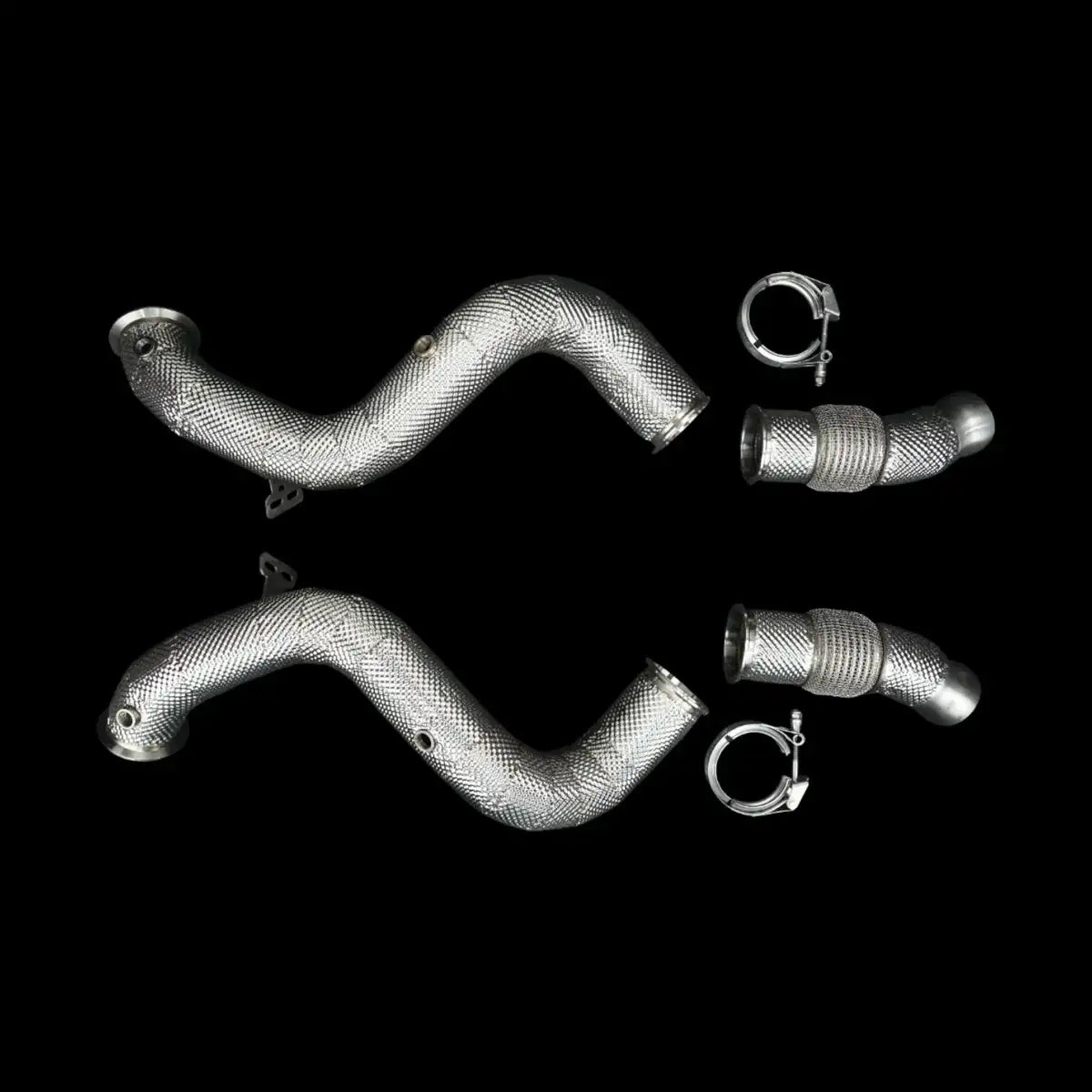 Hitzeschutz Downpipes aus Edelstahl für Auto-Tuning, KTH Shop Tuning-Zubehör, auf schwarzem Hintergrund