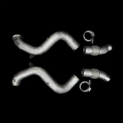 Hitzeschutz Downpipes aus Edelstahl für Auto-Tuning, KTH Shop Tuning-Zubehör, auf schwarzem Hintergrund