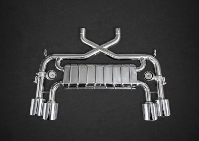 F-Type S|R V8 | Capristo - Rear silencer with double-rounded/beveled tailpipes and underpressure valves for original exhaust system. Incl. CES-3 Please note the permitted vehicle types in the ECE Approval for F-Type S (exclusive Cabrio)