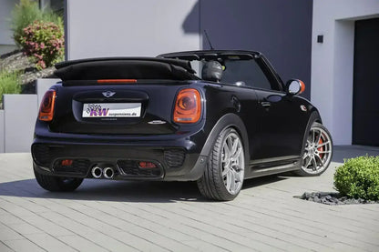 MINI John Cooper Works Cabrio F56 mit Tuning-Teilen, schwarze Lackierung, sportliche Felgen, aufgenommen im Freien vor modernem Gebäude.