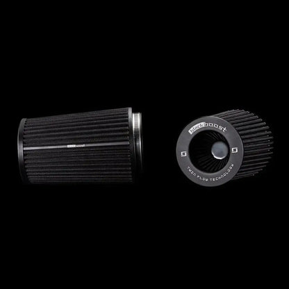Twin Air Flow Filter Set 4,3 Zoll, schwarz, zylindrisch, Blackboost Tuning-Teil auf schwarzem Hintergrund