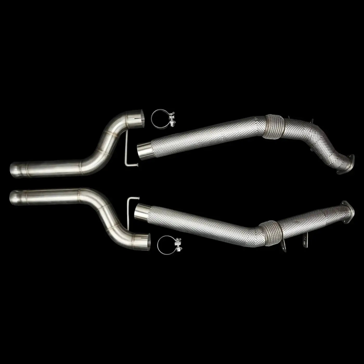 Edelstahl Downpipe Set mit Flexrohr für Auto Tuning, abgebildet auf schwarzem Hintergrund, KTH Shop