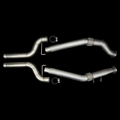 Edelstahl Downpipe Set mit Flexrohr für Auto Tuning, abgebildet auf schwarzem Hintergrund, KTH Shop