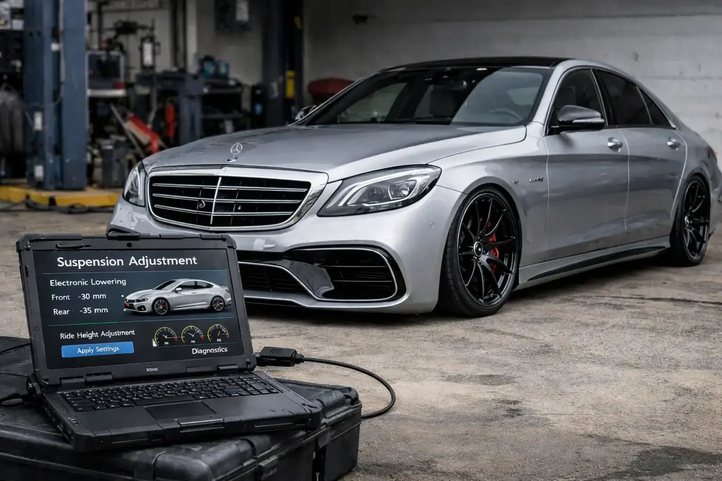 Silberner Mercedes mit Sportfahrwerk-Tuning, Laptop zur Fahrwerksabstimmung, Werkstattumgebung.