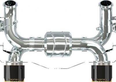 Maserati MC20 | Capristo - Flap-controlled sports exhaust system, colored anodized tailpipes (black, red, silver*) or gold-plated tailpipes with aluminum outer sleeve in wicrom black.