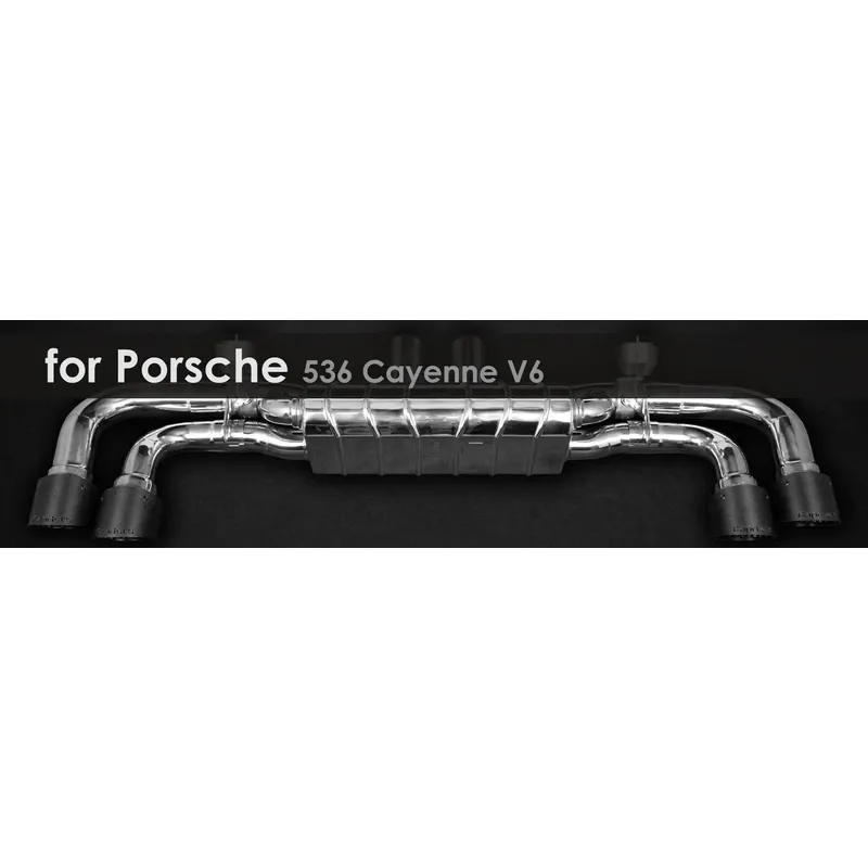 536 Cayenne V6 | Capristo - Rear silencer, coloured anodized aluminium tailpipes, in black, red or silver* with aluminium outer sleeve and center silencer replacement pipes (up to original separation point)